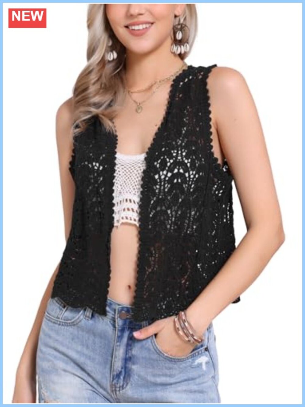 Allegra K Floral Crochet Open Front Sleeveless Cardigan Vest
